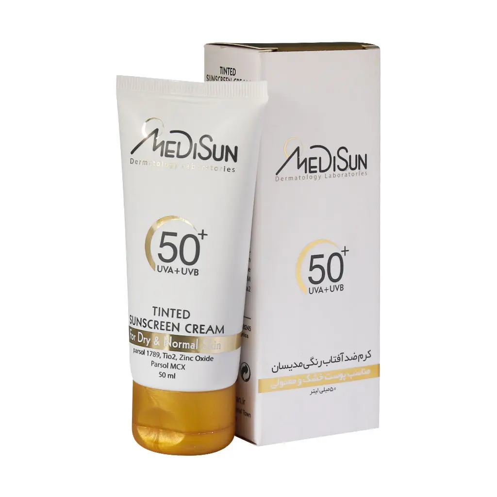 کرم ضد آفتاب رنگی SPF50 مدیسان مناسب پوست معمولی و خشک ۵۰ میلی لیتر