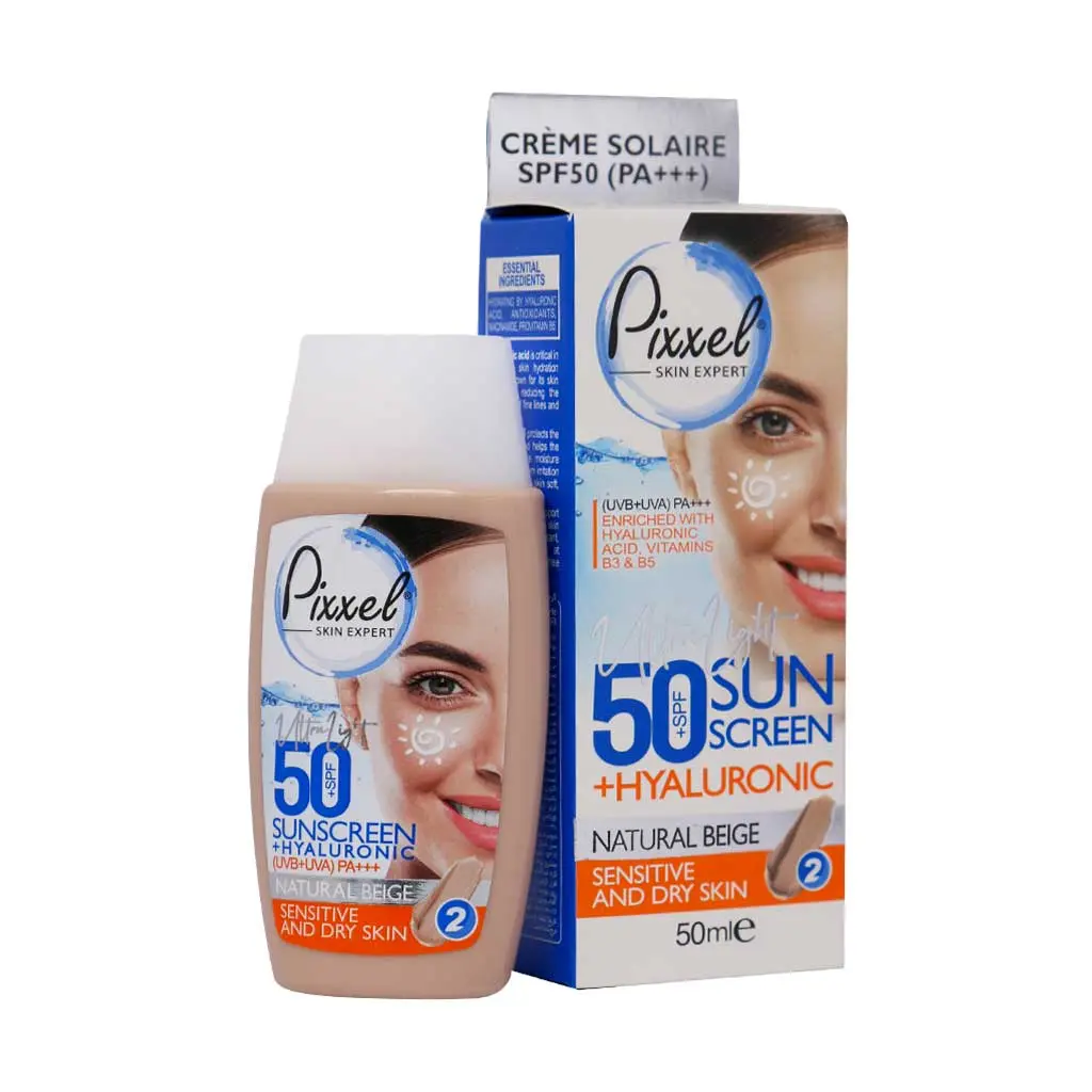 کرم ضد آفتاب SPF50 پیکسل مناسب پوست خشک و حساس 50 میلی لیتر بژ طبیعی