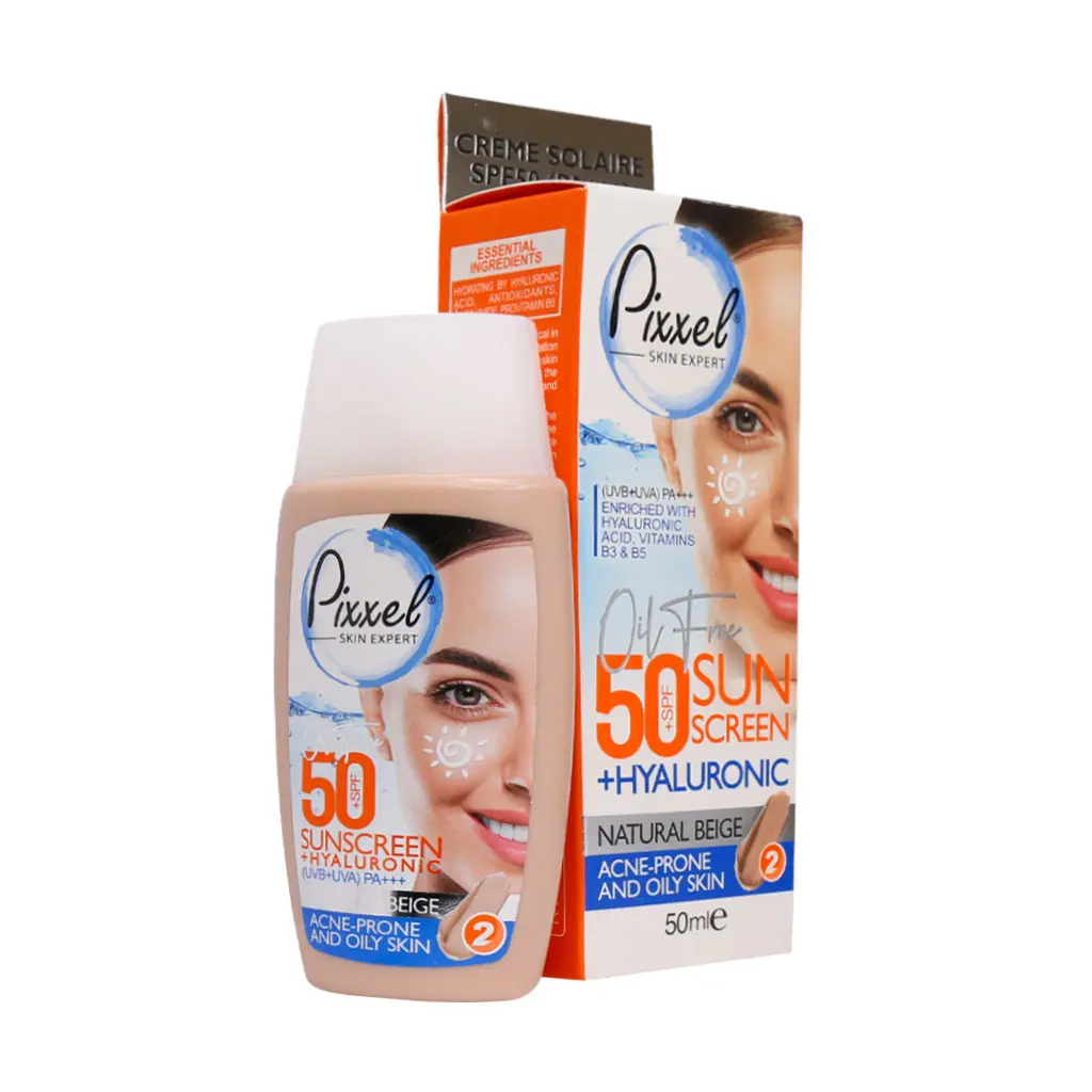 کرم ضد آفتاب SPF50 پیکسل مناسب پوست چرب و جوش دار 50 میلی لیتر بژ طبیعی